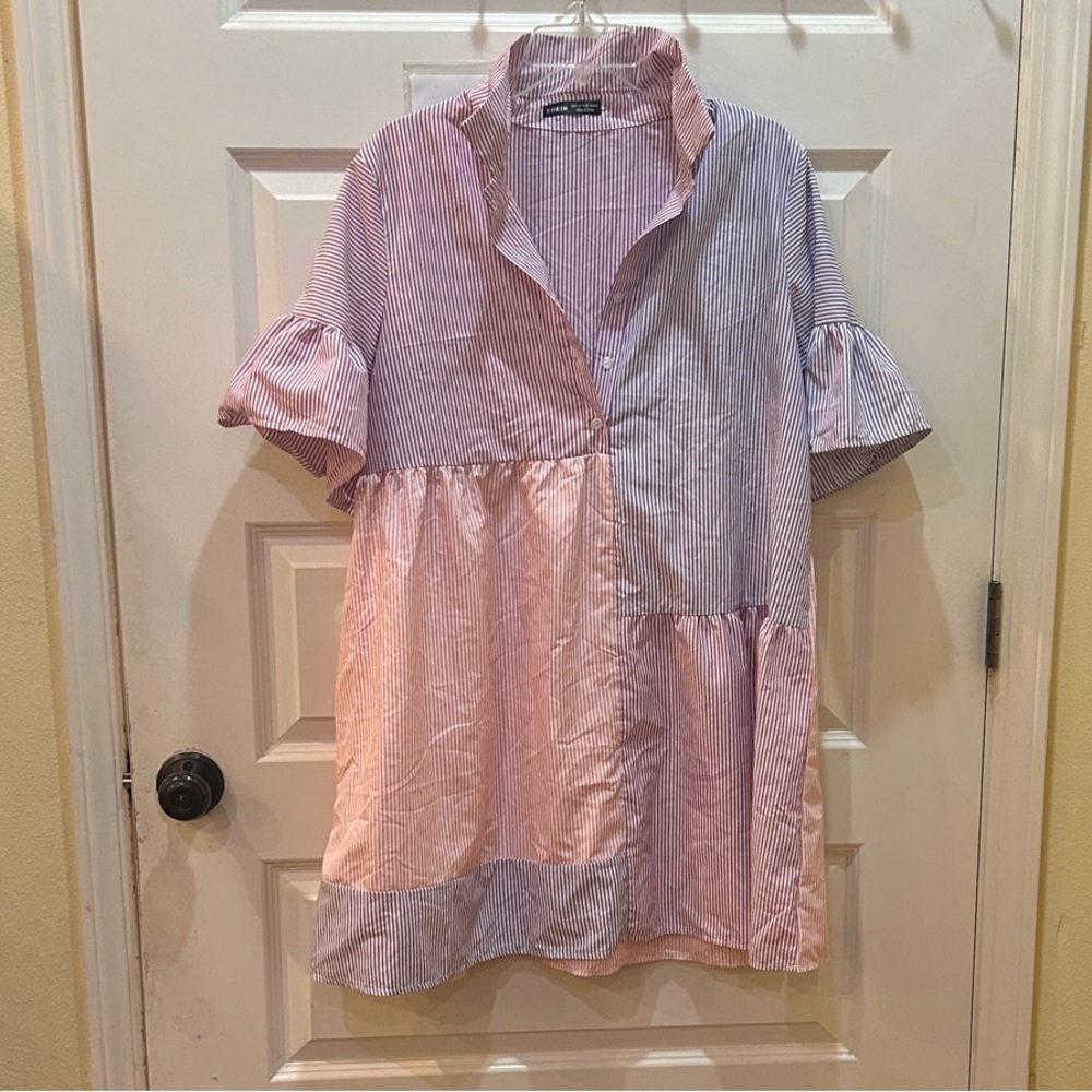 SHEIN Pink & Light Blue Striped Tiered Button-Front Kids' Top